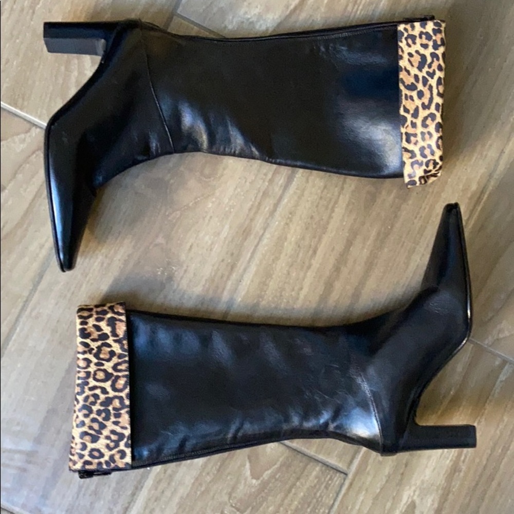 VALLE VERDE Leather Black and Leopard Print Boots Made in Italy